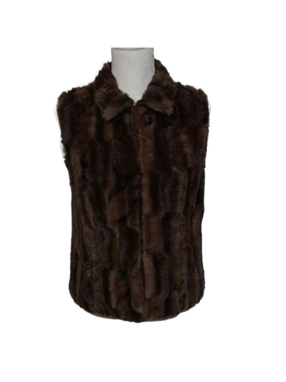 𝅺Cejon Brown Faux Fur Pointed Collar Hook Front Closure Sleeveless Vest Jacket